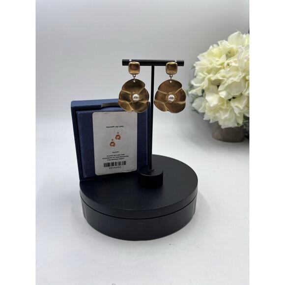 Kenneth Lane Gold Plated Sculpted Floral Pearl Center Dangle Earrings - Picture 11 of 12